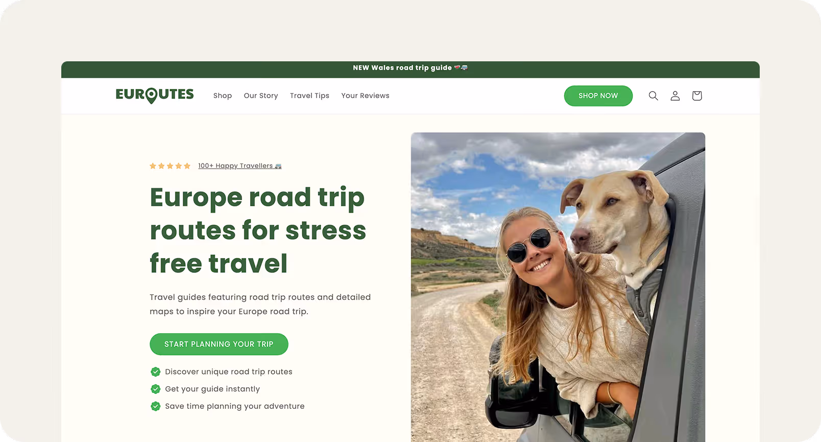 Device mockup of Euroutes website homepage hero section showing text on the left and photo on the right
