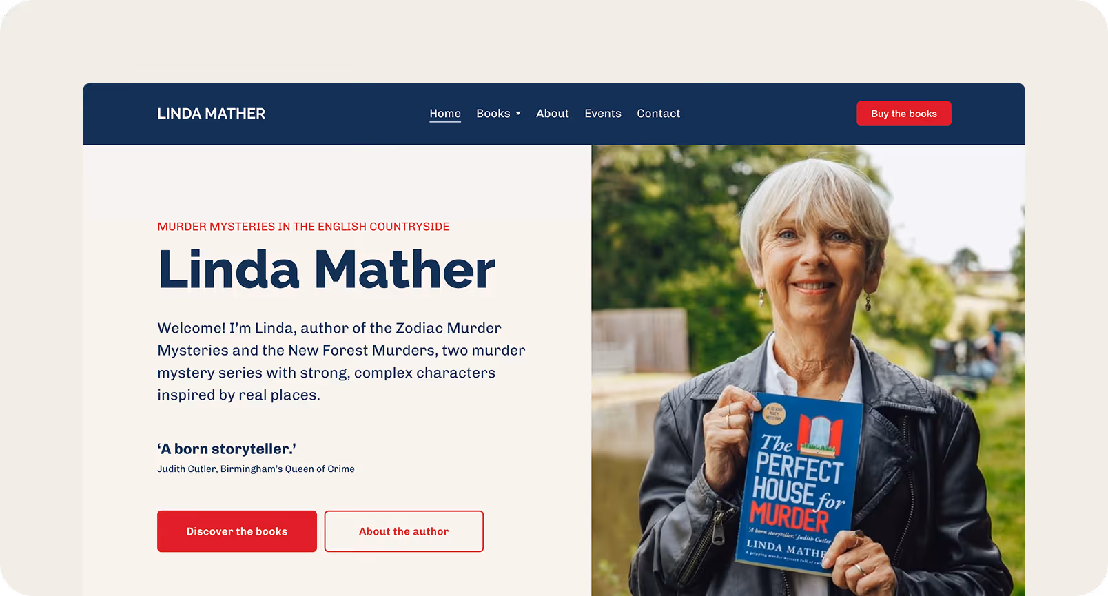 A screenshot of Linda Mather's website showing text on the left with her name and a picture of Linda holding her book on the right. 