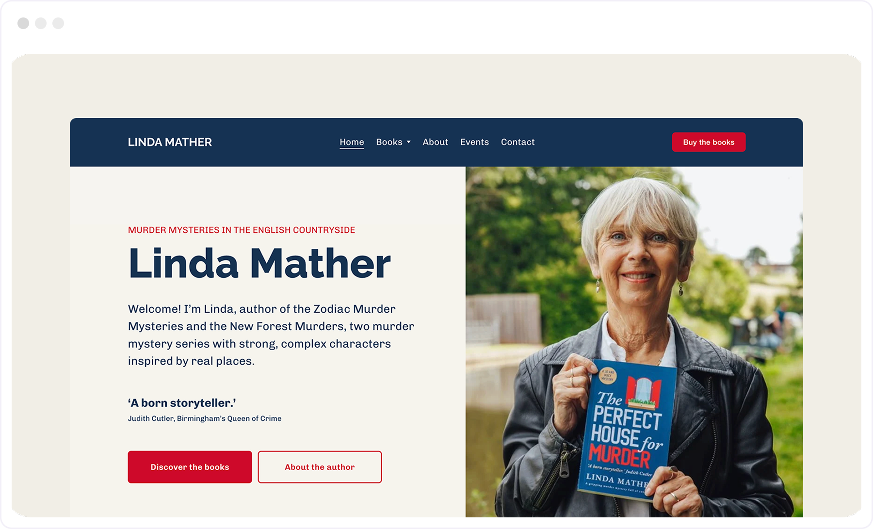 Device mockup of Linda Mather's website with text on the left saying her name and a photo on the right of her holding her book. 