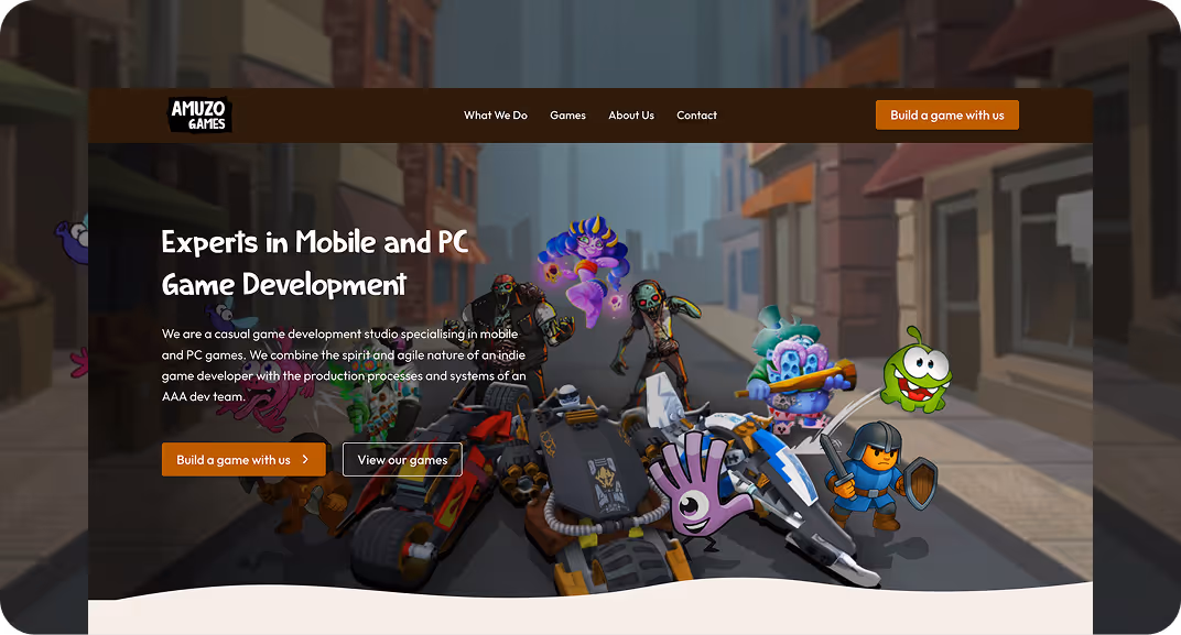 Screenshot of Amuzo website showcasing the hero section with images of their games characters and text reading ' experts in mobile and PC game development'. 