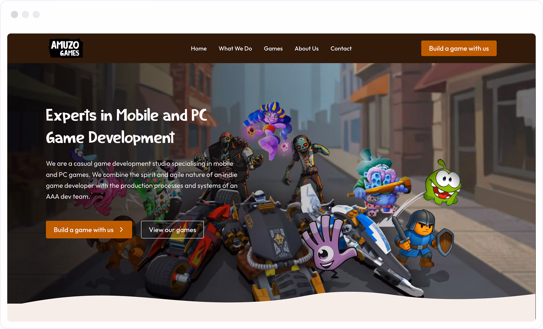 Device mockup of Amuzo homepage showing game characters in the background