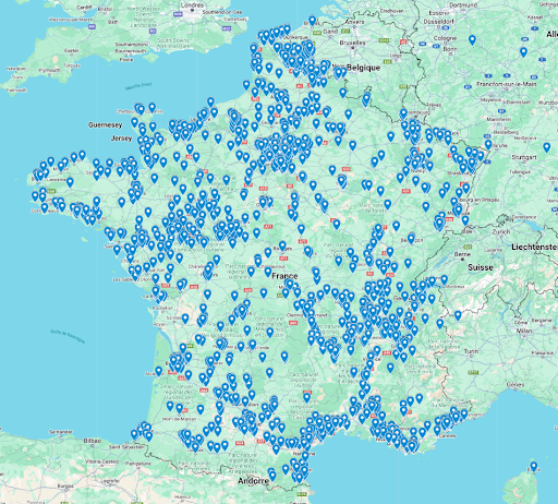Map of France with numerous blue location pins scattered across the country indicating various marked locations.
