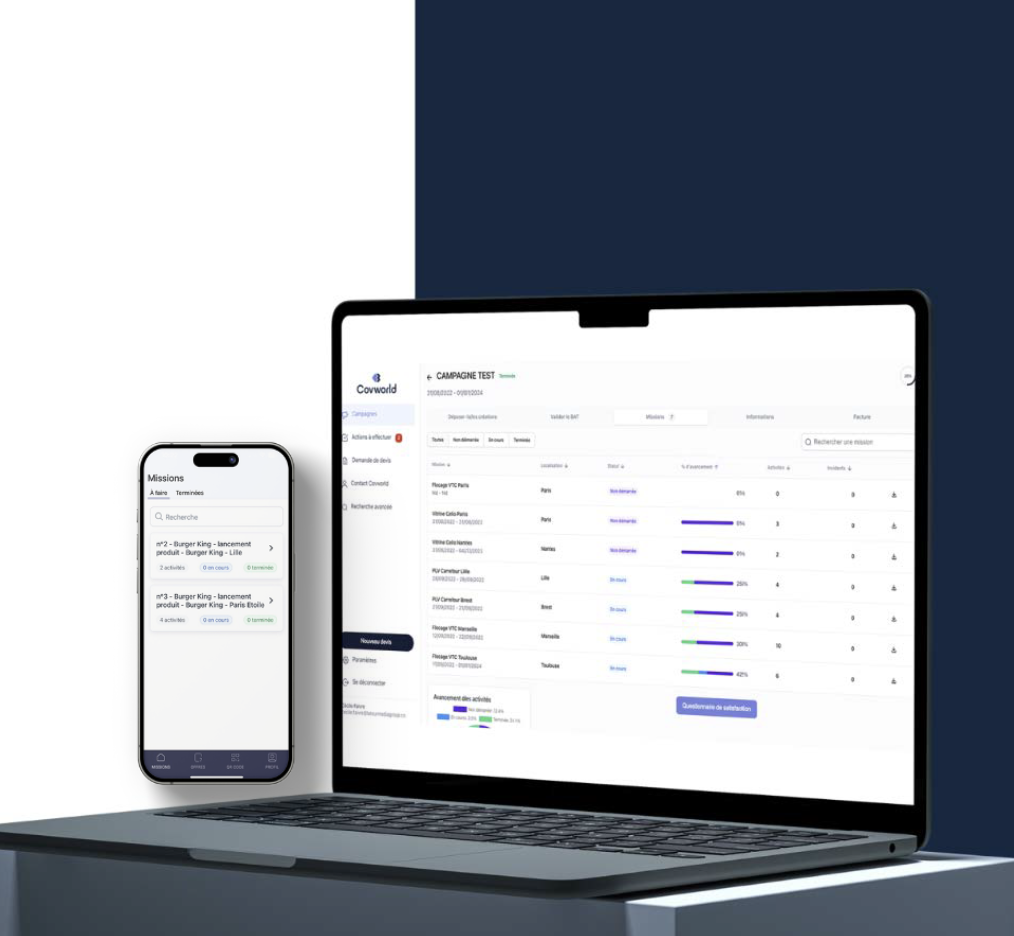 Laptop and smartphone displaying Covworld app interface with mission tracking and campaign progress details.