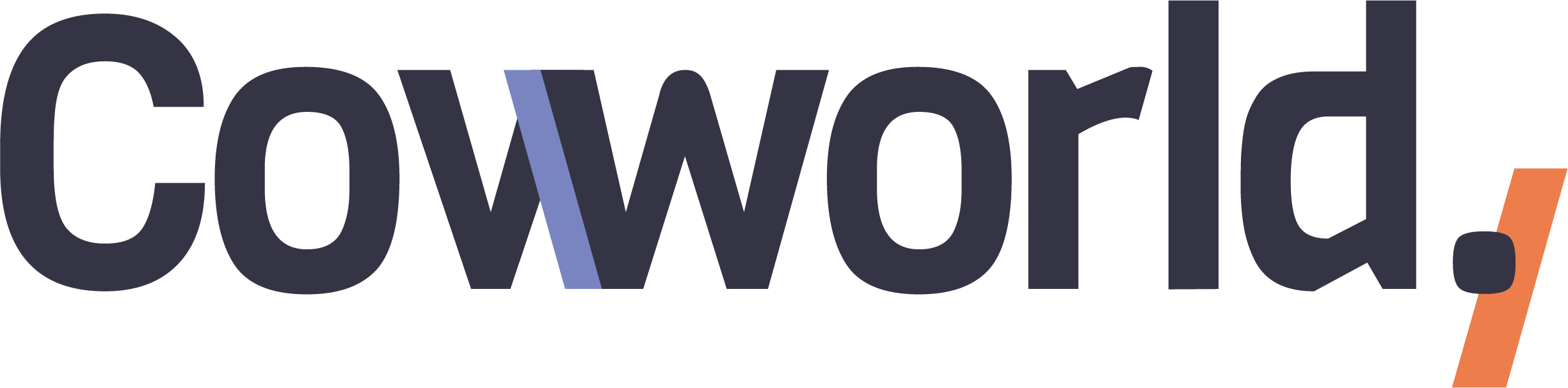 Coworld logo with stylized letters and a forward slash design element.
