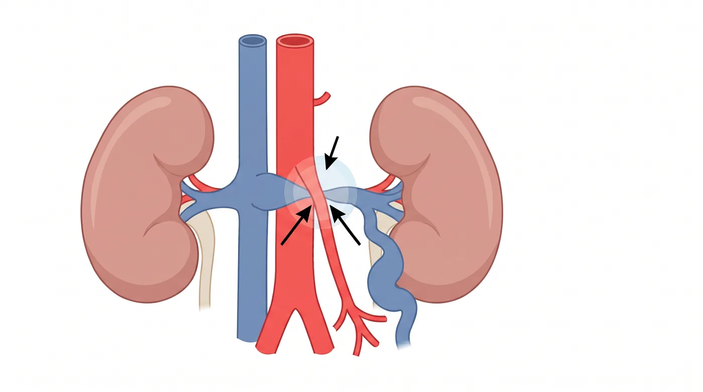 Compression de la veine rénale gauche entre l'aorte et l'artère mésentérique supérieure : la pince aorto-mésentérique.