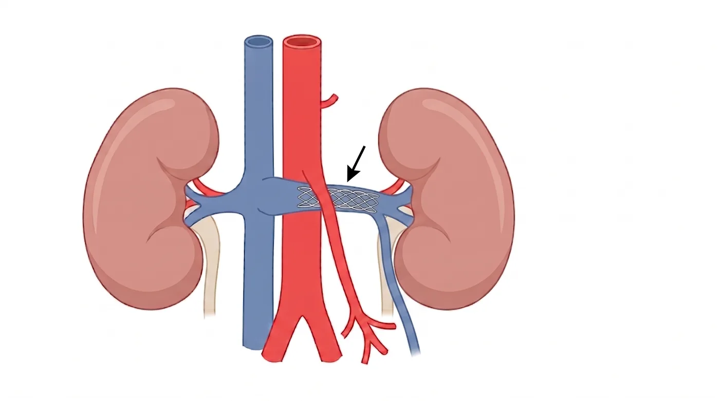Le stent veineux rétablit un calibre normal de la veine rénale gauche au niveau de la compression.