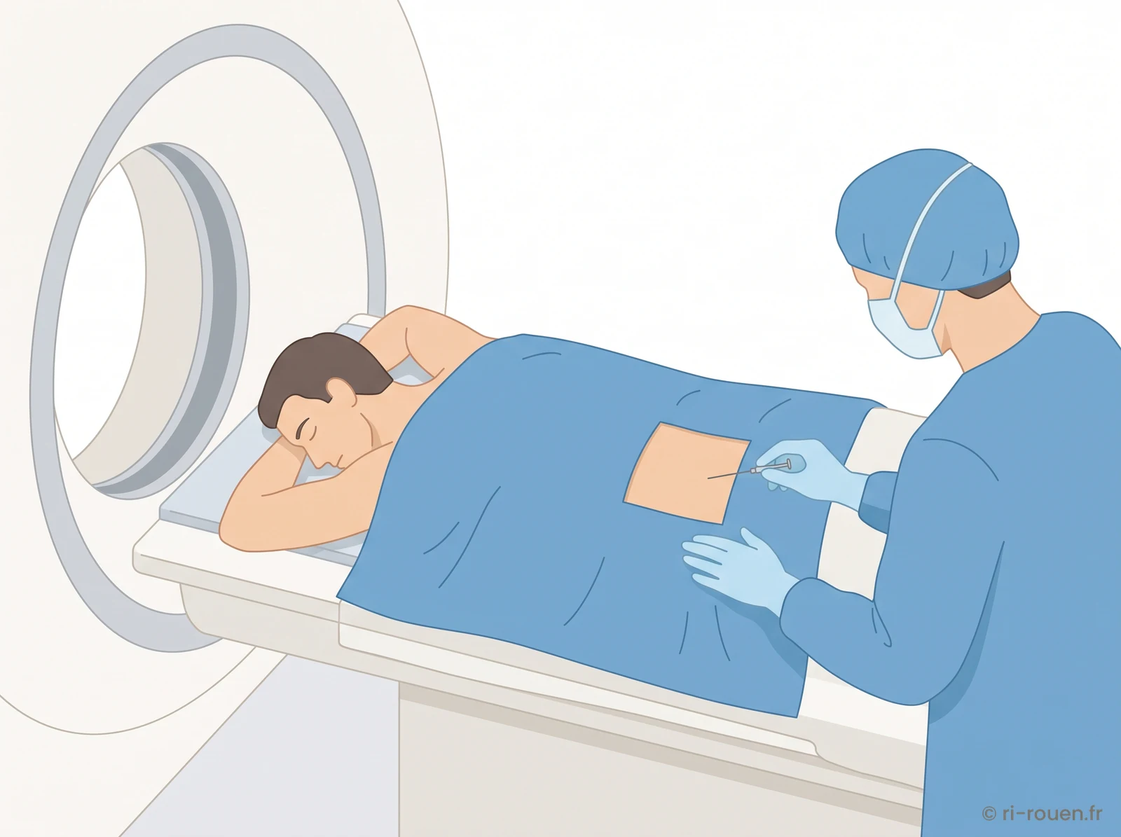 Patient installé sur la table de scanner pour une biopsie guidée.
