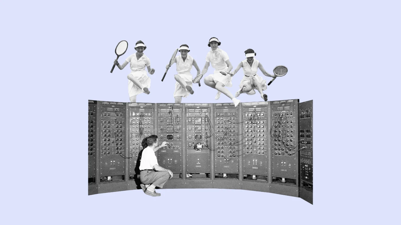 Fotocollage: Tennisspielerinnen turnen auf einem alten Großrechner, davor kauert ein Kind am Schaltpult.