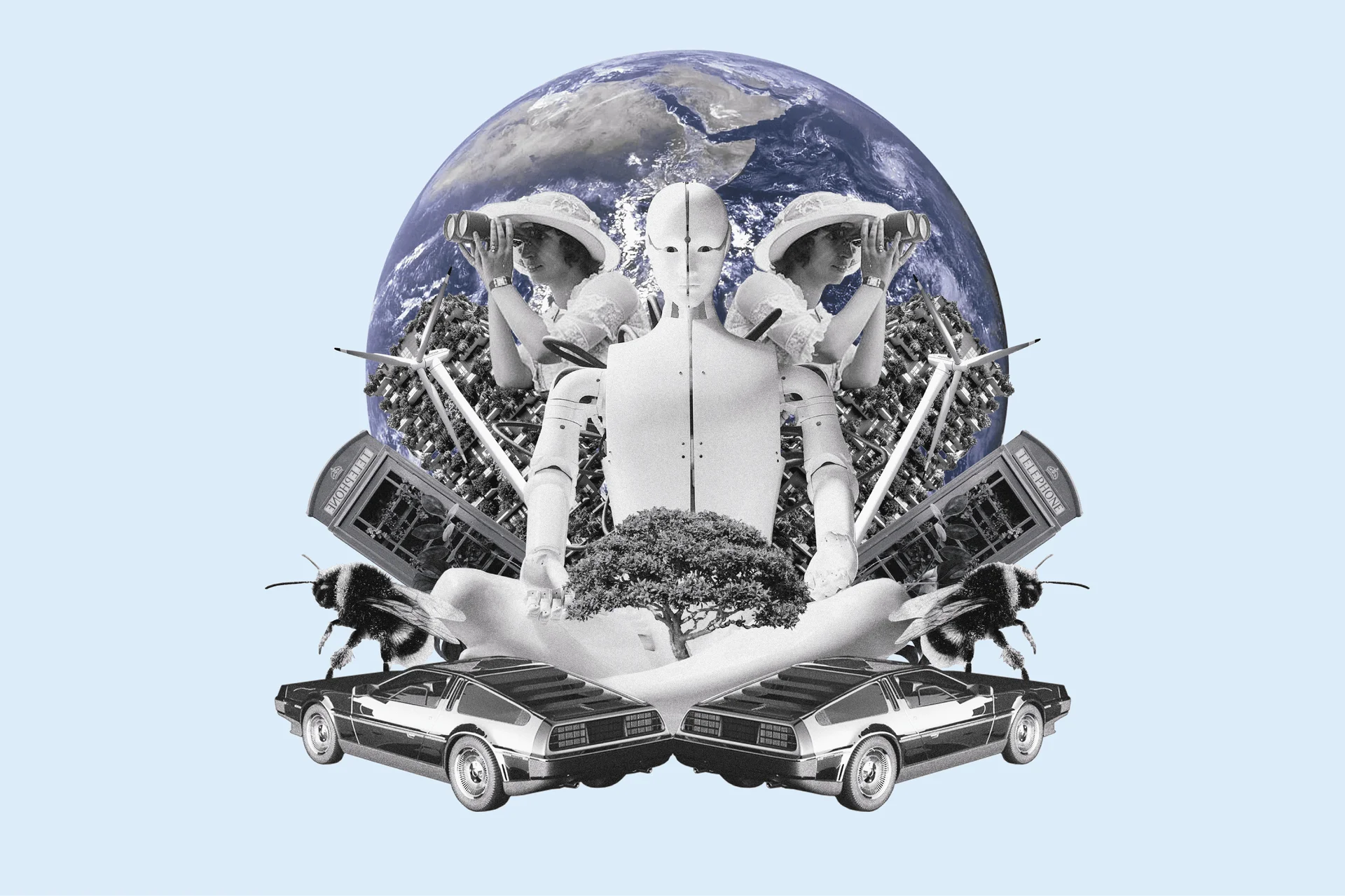 Fotocollage: eine Roboterfigur sitzt meditierend vor der Erdkugel, gespiegelt umgeben von Autos und Bildschirmen.