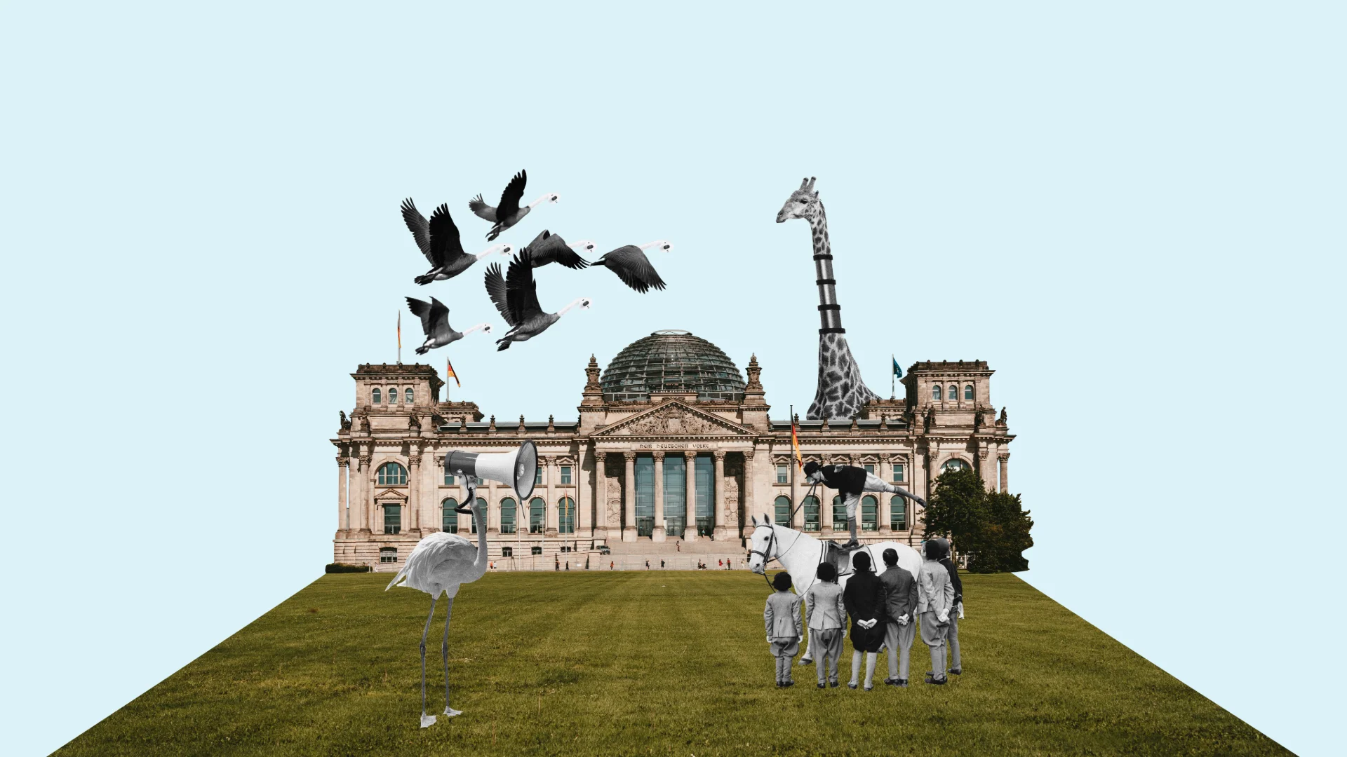 Fotocollage: das Reichstagsgebäude auf einer grünen Wiese, dazu ein auffliegender Vogelschwarm, eine Giraffe und Kühe.