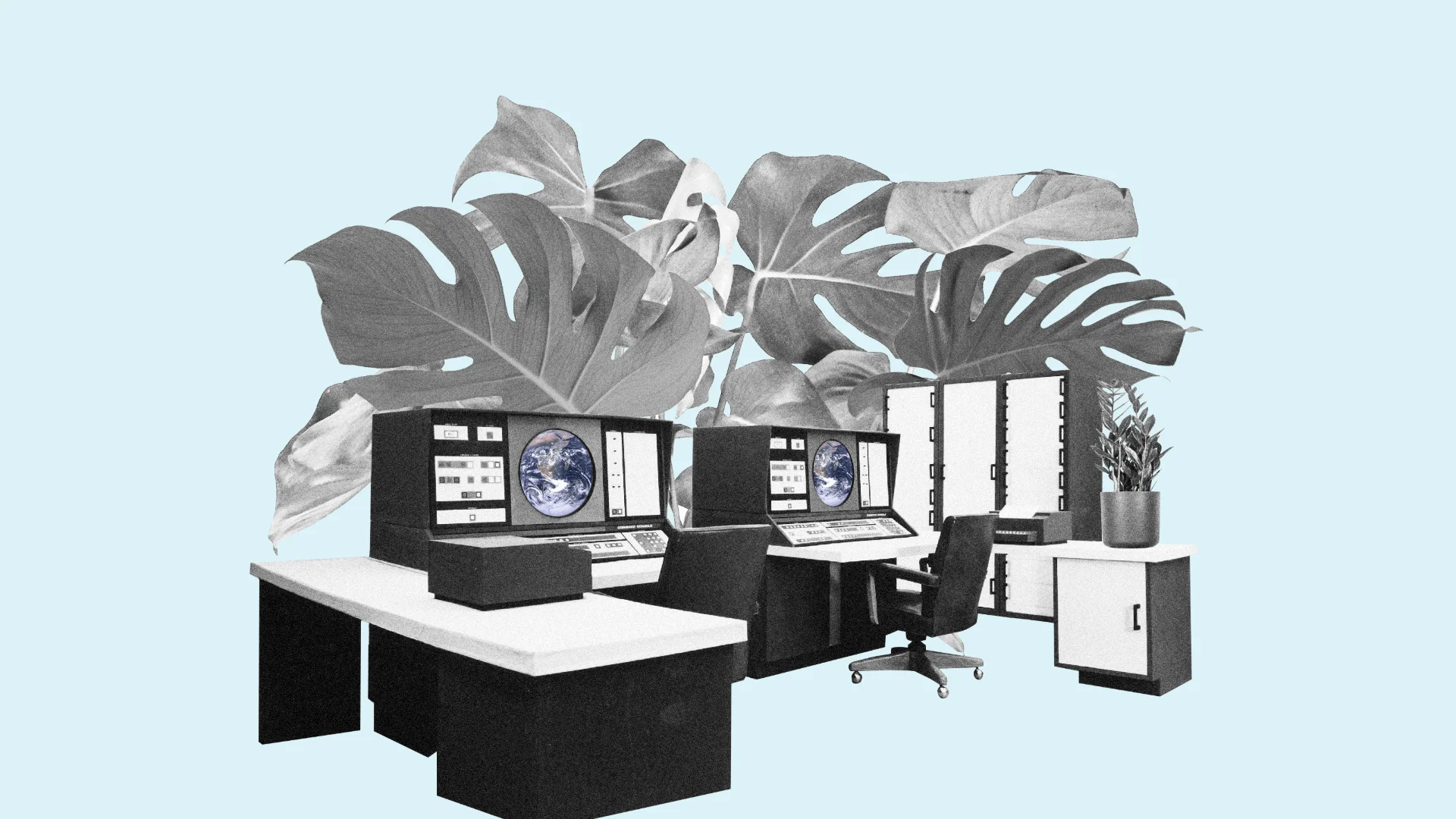 Fotocollage: ein Kontrollraum mit alten Monitoren, aus denen große Monstera-Blätter wachsen.