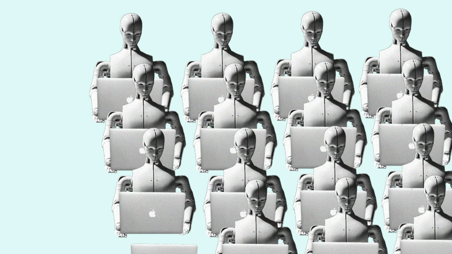 Fotocollage: ein Raster aus vielen identischen Robotern, die nebeneinander an Laptops arbeiten.