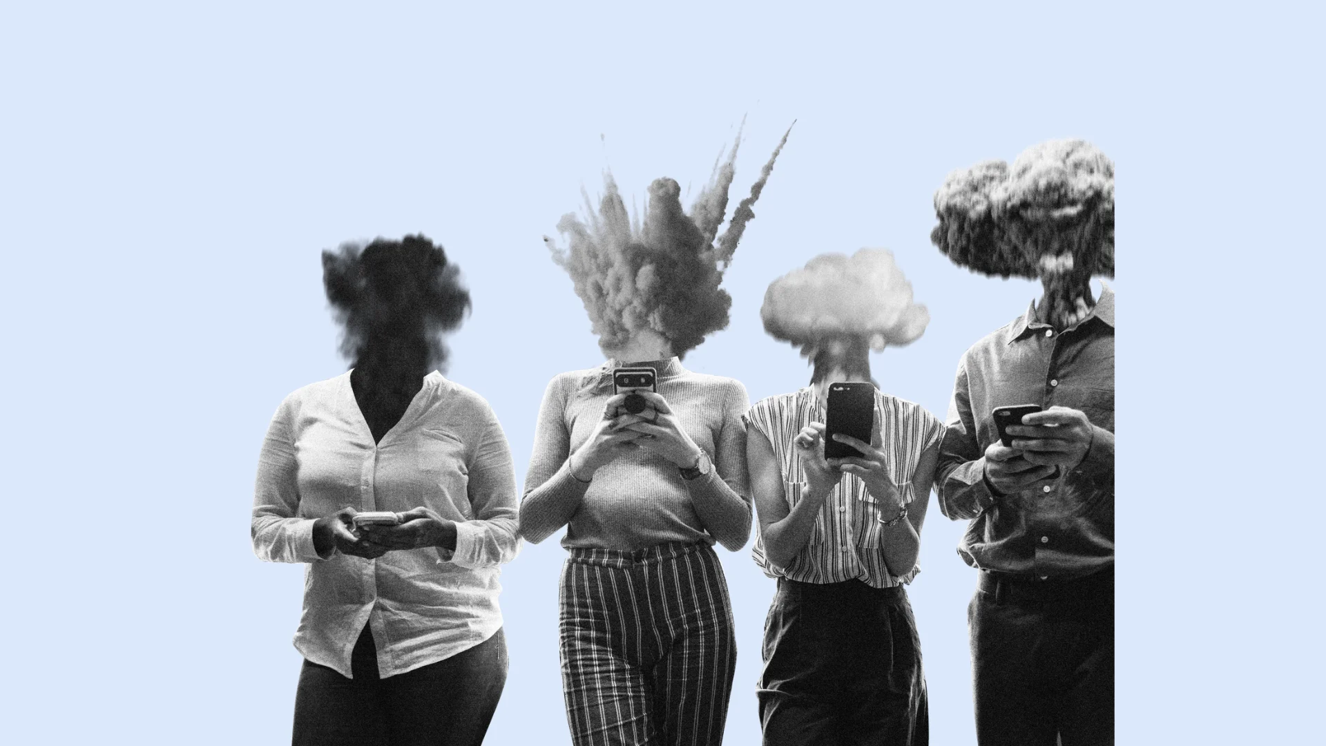 Fotocollage: vier Menschen am Smartphone, ihre Köpfe lösen sich in Rauchwolken und Pflanzen auf.
