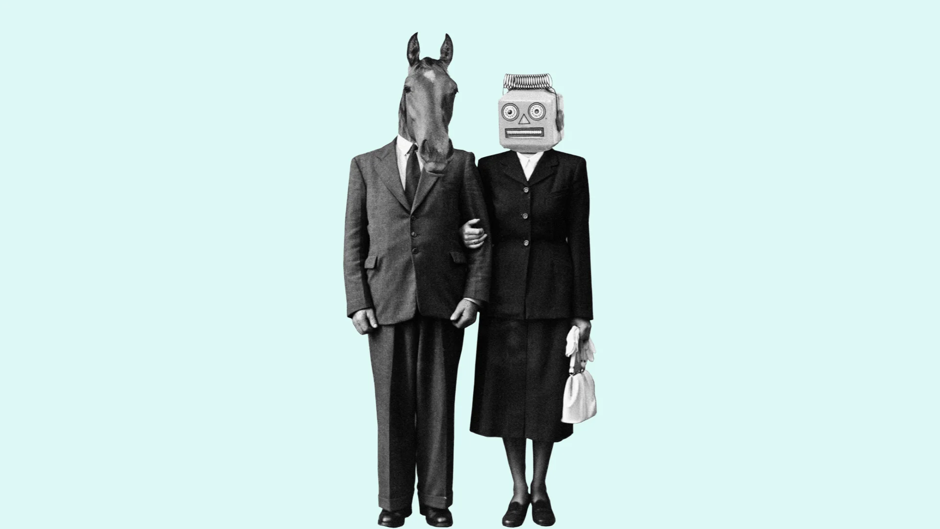 Fotocollage: ein Paar in festlicher Kleidung, eine Person mit Pferdekopf, die andere mit Roboterkopf.