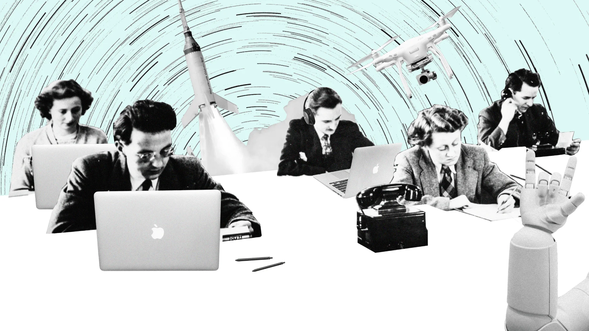 Fotocollage: ein Team arbeitet an Laptops und Schreibmaschine, dazwischen ein Roboterarm und fliegende Drohnen.