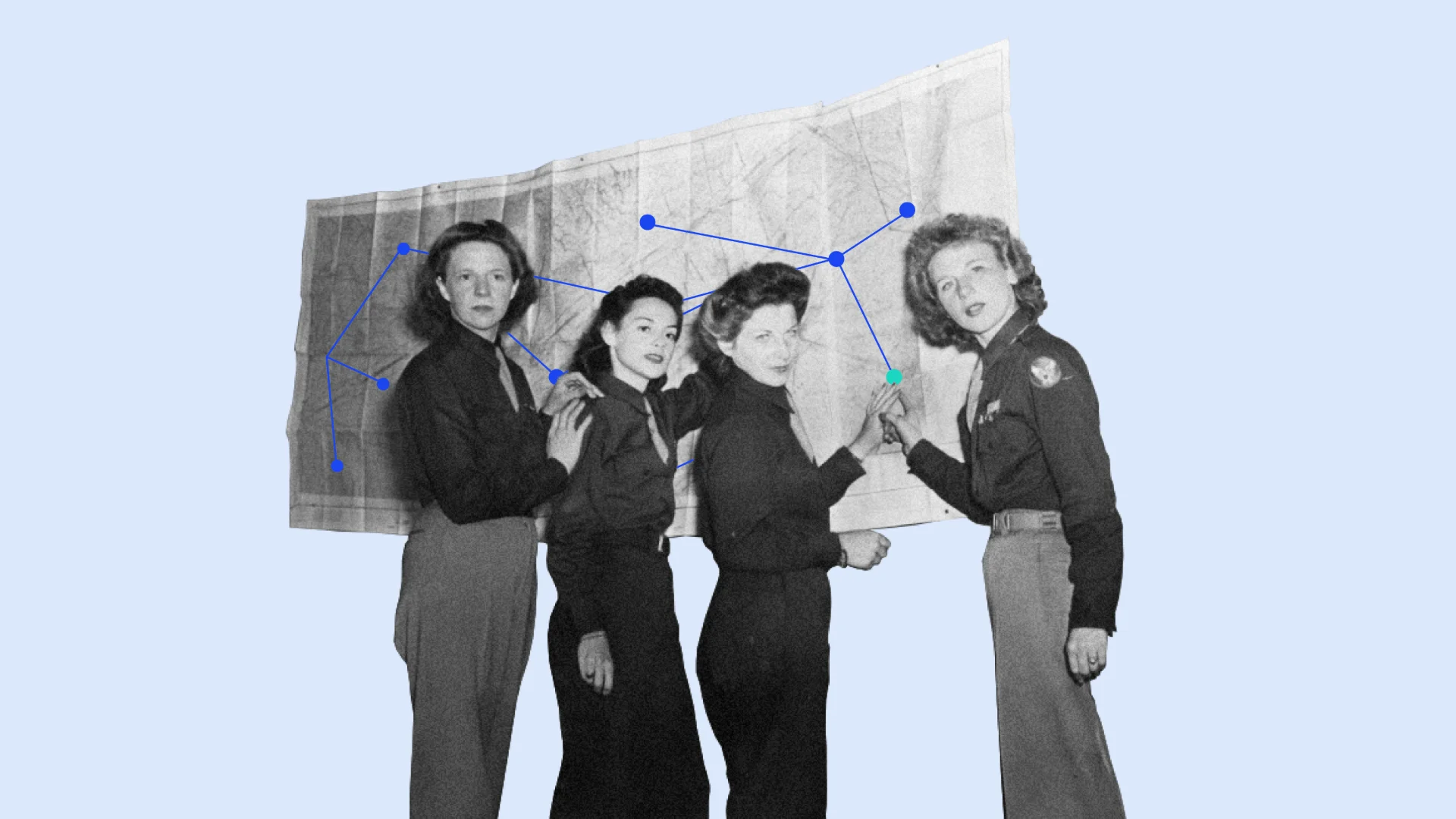 Fotocollage: vier Frauen stehen vor einer Landkarte, in die ein Netzwerk aus Punkten und Linien eingezeichnet ist.
