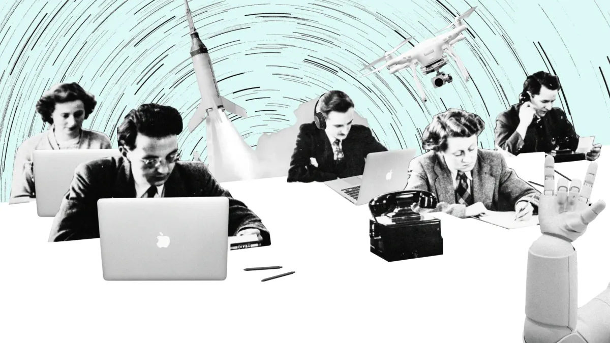 Fotocollage: ein Team arbeitet an Laptops und Schreibmaschine, dazwischen ein Roboterarm und fliegende Drohnen.