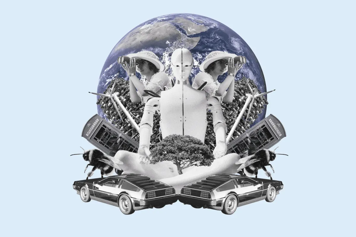 Fotocollage: eine Roboterfigur sitzt meditierend vor der Erdkugel, gespiegelt umgeben von Autos und Bildschirmen.
