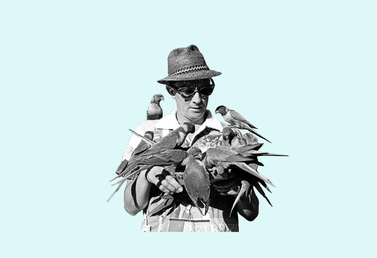 Schwarzweiß-Collage: Person mit Strohhut und Sonnenbrille, auf deren Armen und Schultern ein Dutzend Papageien sitzen