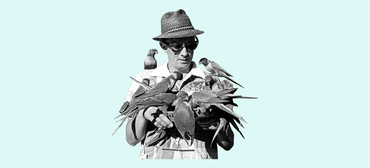 Schwarzweiß-Collage: Person mit Strohhut und Sonnenbrille, auf deren Armen und Schultern mehrere Vögel sitzen.