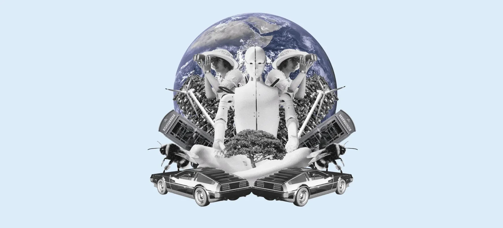 Fotocollage: eine Roboterfigur sitzt meditierend vor der Erdkugel, gespiegelt umgeben von Autos und Bildschirmen.