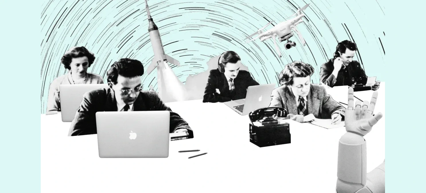 Fotocollage: ein Team arbeitet an Laptops und Schreibmaschine, dazwischen ein Roboterarm und fliegende Drohnen.