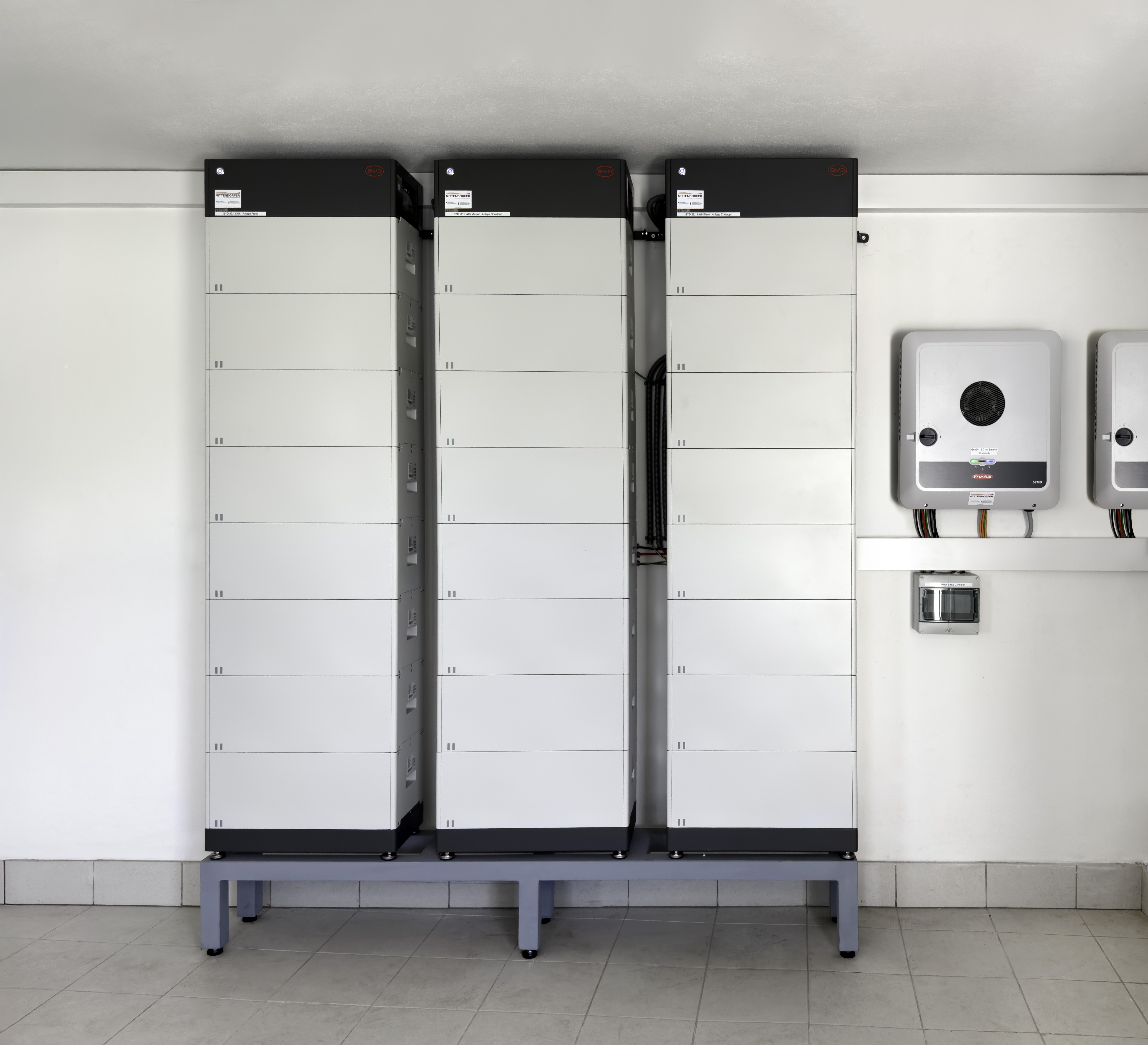 Drei weiße Batteriespeichereinheiten auf einem blauen Gestell in einem Raum mit weißen Wänden und zwei grauen Steuergeräten an der Wand.