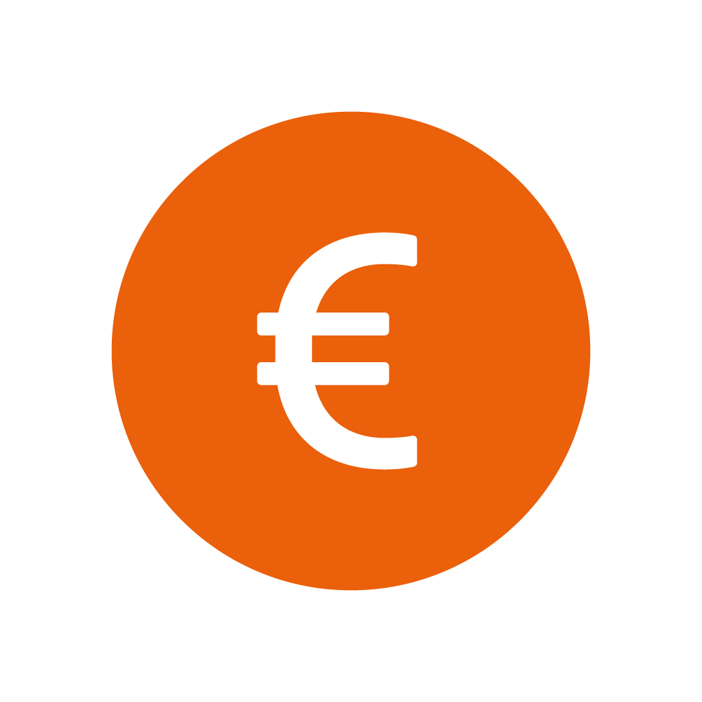 Weißes Eurozeichen in einem orangefarbenen Kreis.