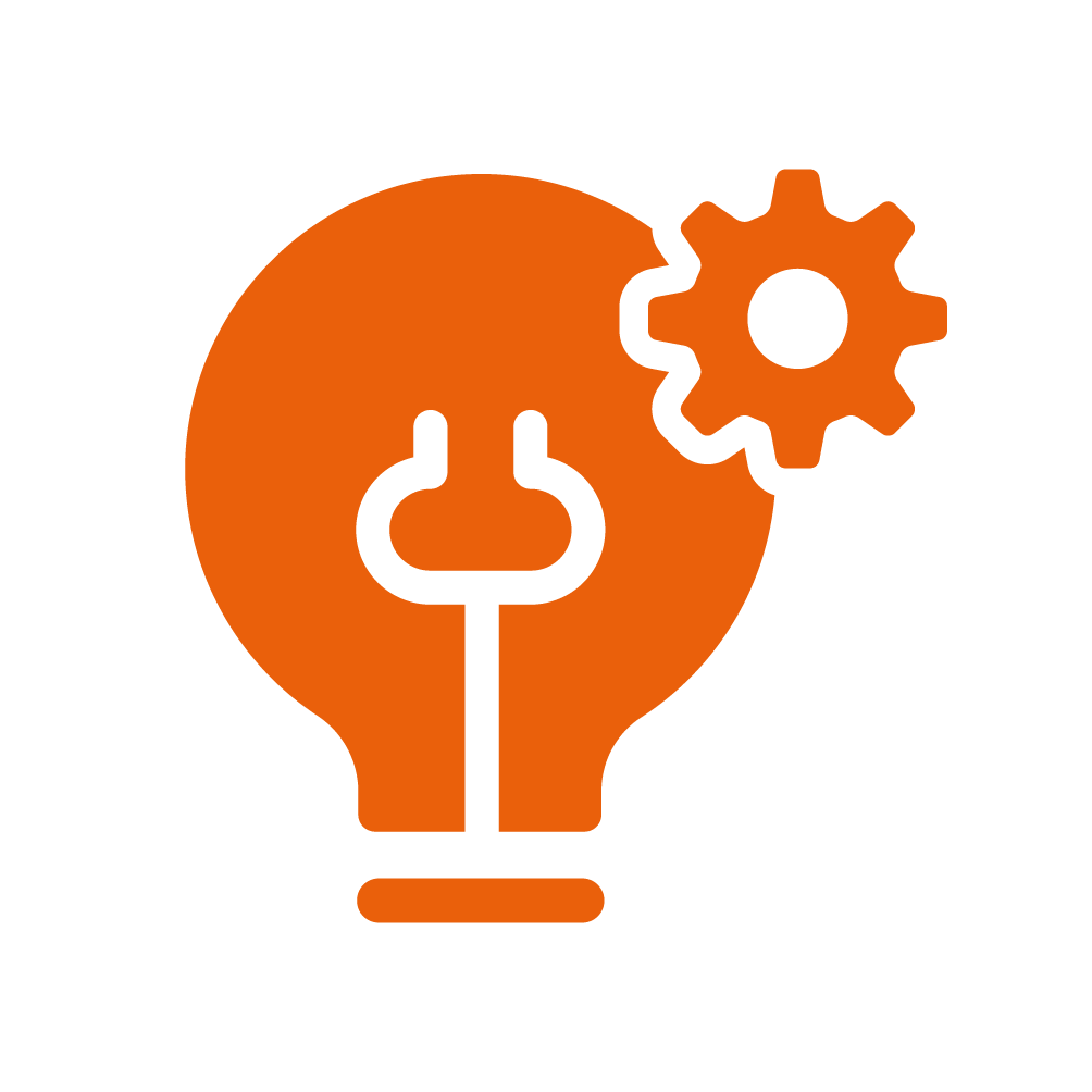 Orangenes Glühbirnensymbol mit einem Zahnrad, das Innovation und technische Lösungen darstellt.