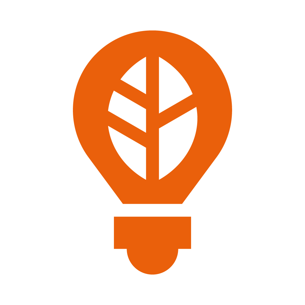 Orangefarbige Glühbirnen-Ikone mit einem Blattmuster in der Mitte als Symbol für Nachhaltigkeit.