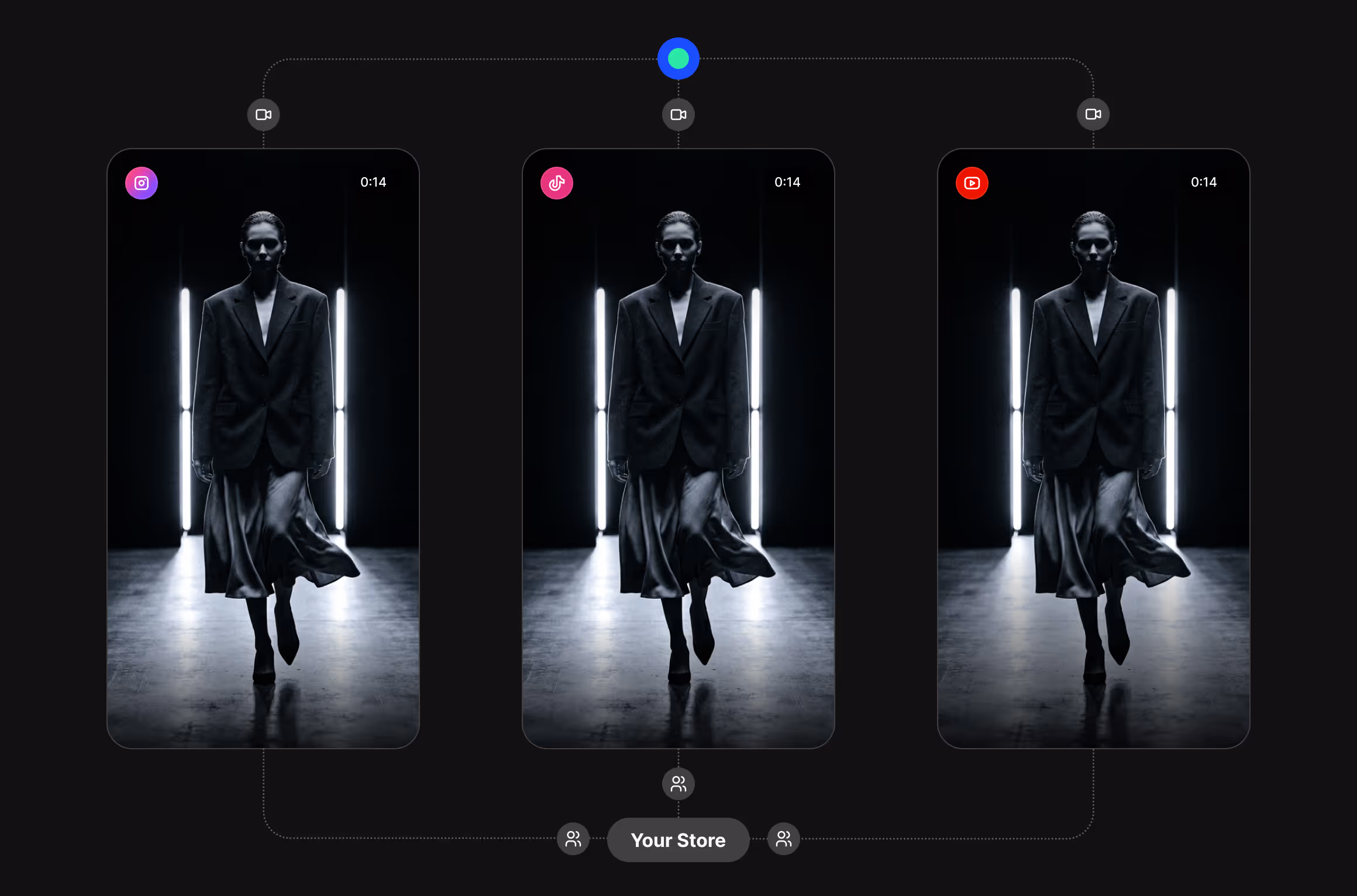 Silhouetted woman in jacket and flowing skirt walking against vertical lights in three social media video frames.