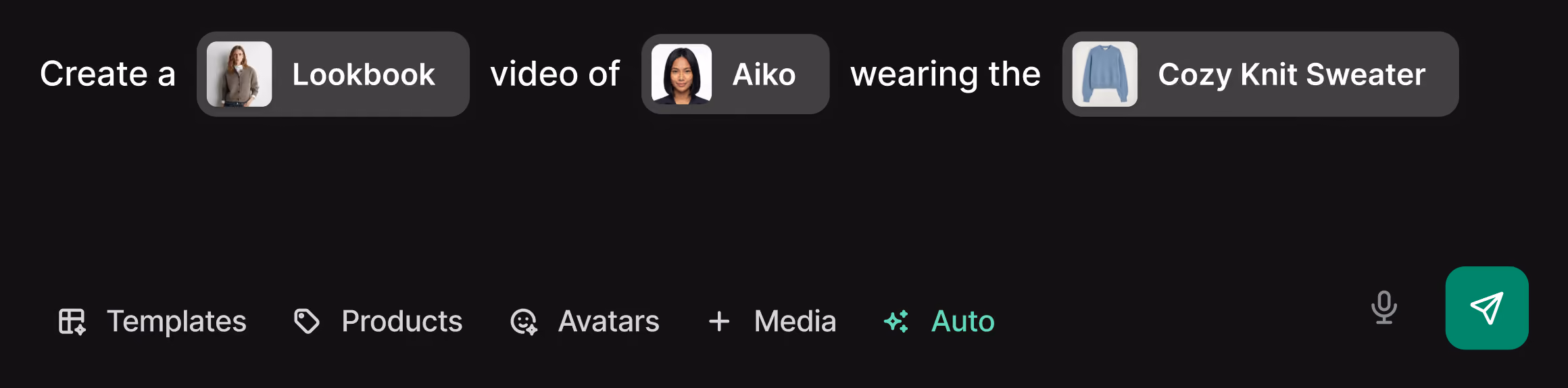 Text prompt with images: Create a Lookbook video of Aiko wearing the Cozy Knit Sweater on dark background.