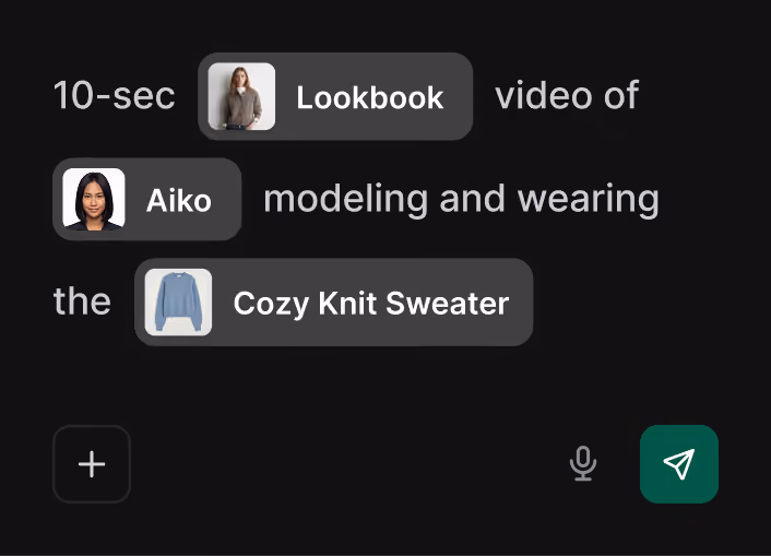 Chat message about a 10-sec lookbook video of Aiko modeling and wearing a cozy knit sweater.