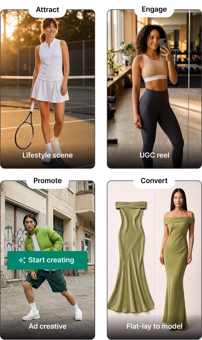 Four images: woman playing tennis, woman in gym taking selfie, man posing outdoors, and green dress flat-lay versus model.