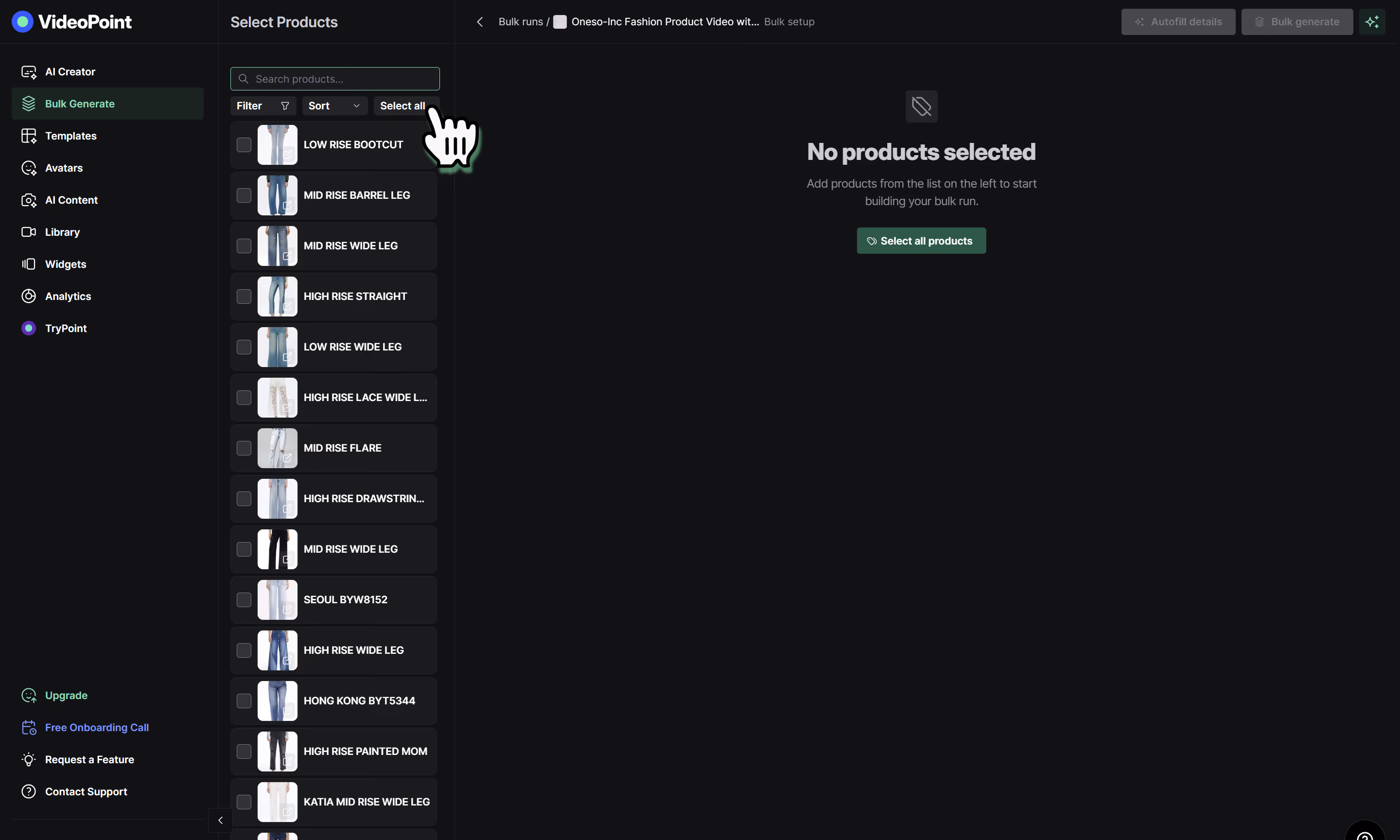 VideoPoint product selection interface with a list of jeans styles and no products selected on the right.