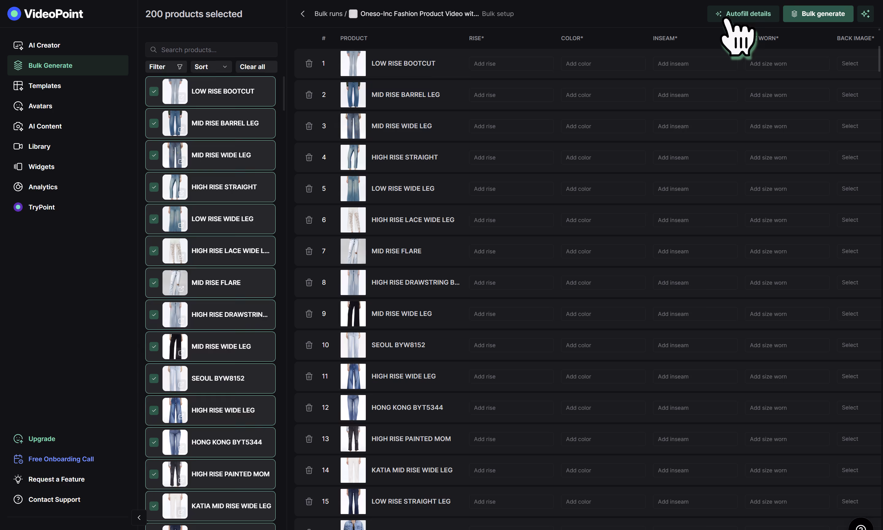 User interface of VideoPoint showing bulk generate options for fashion product videos of jeans styles.