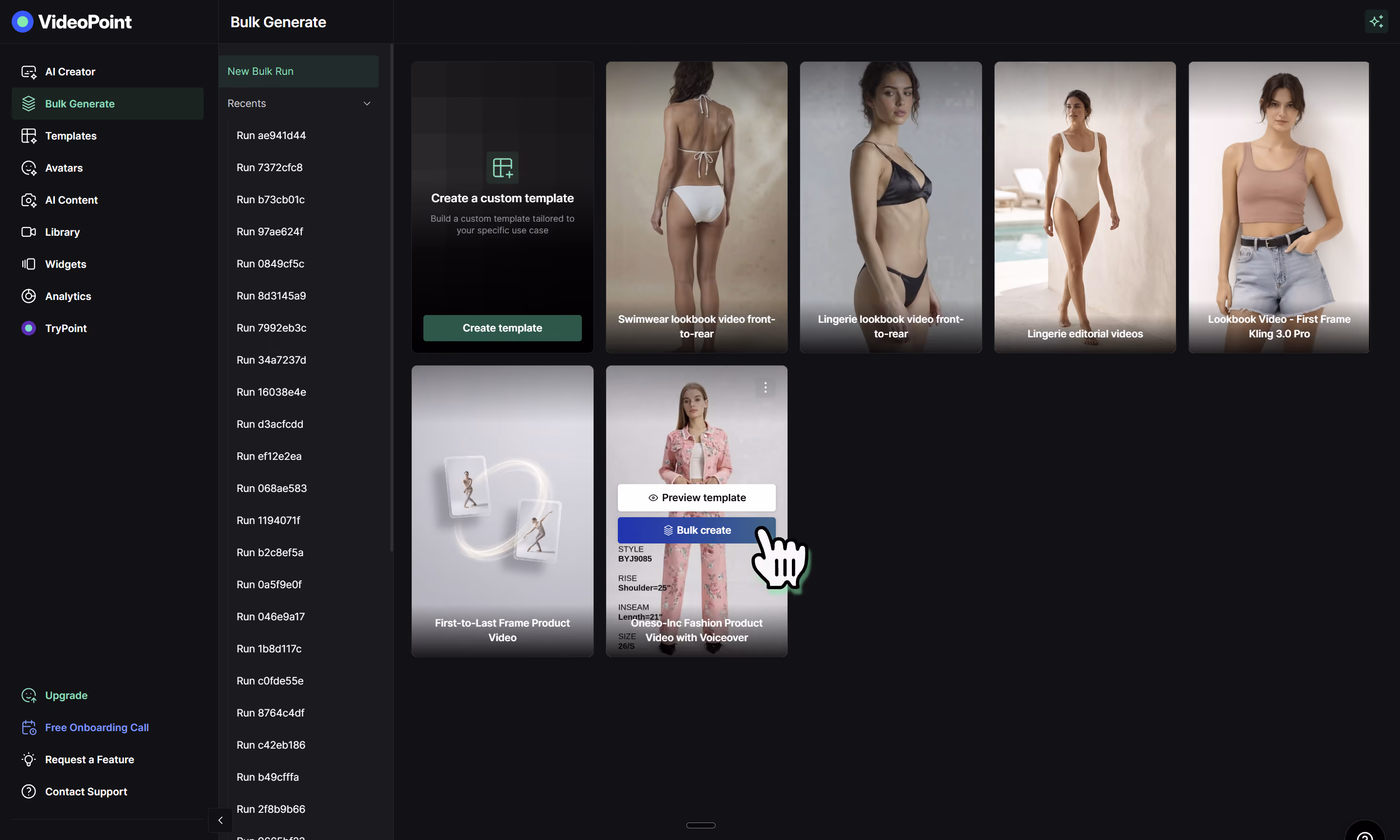VideoPoint interface showing bulk generate templates for swimwear, lingerie, lookbooks, and fashion videos.