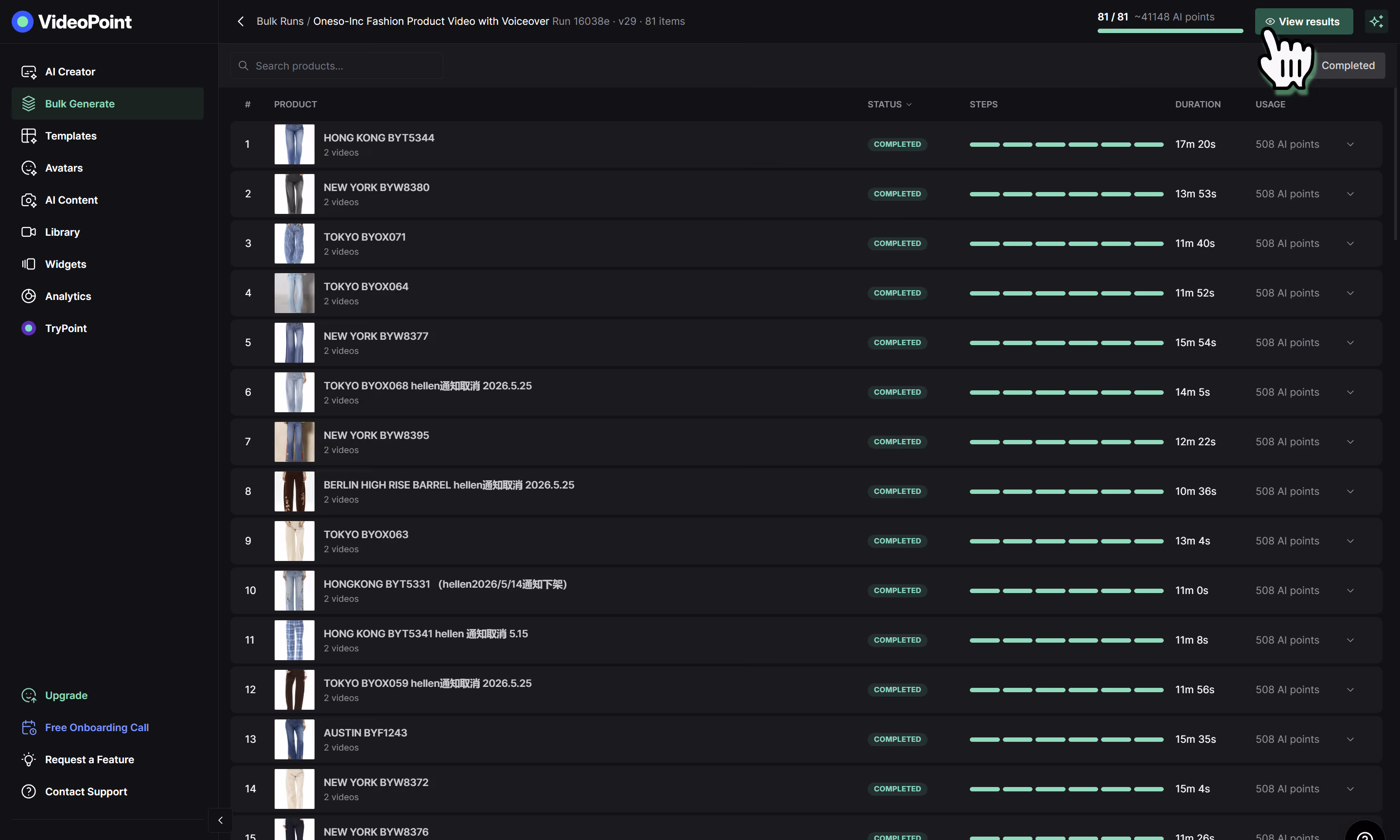 VideoPoint bulk generate screen showing completed fashion product video runs with product names and durations.