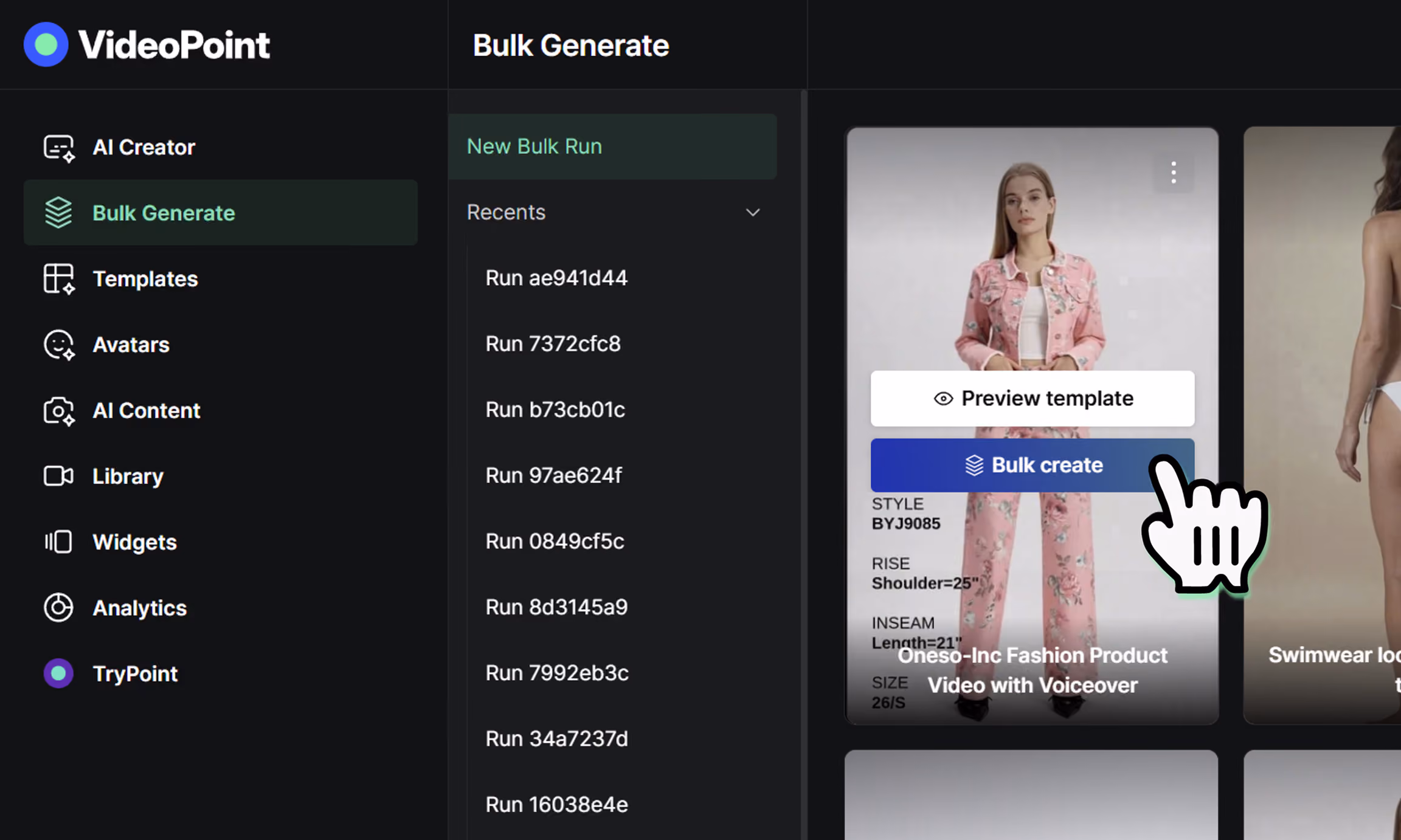 VideoPoint app interface showing bulk generate menu with fashion video template and a cursor selecting bulk create.