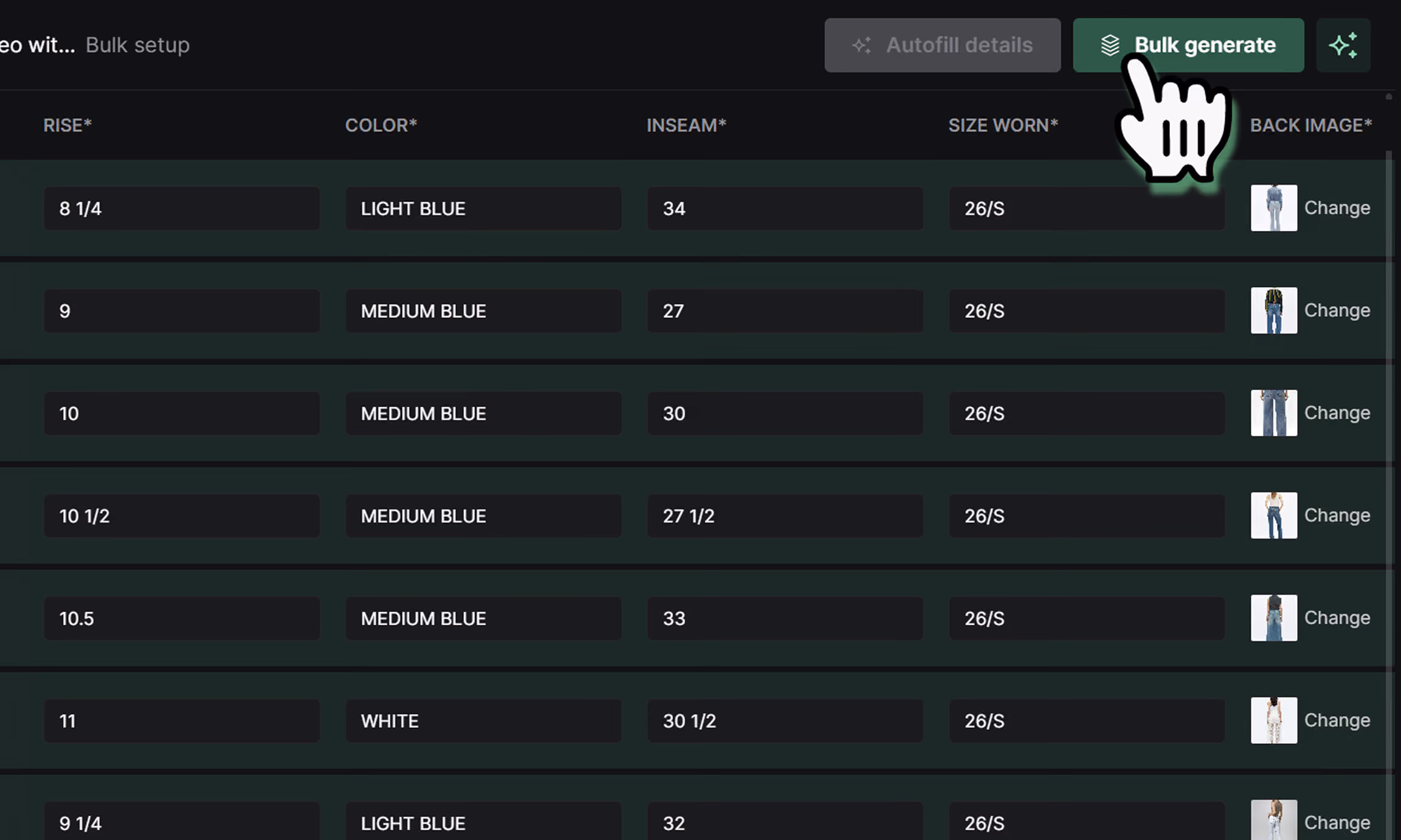 Table of denim pants data with columns for rise, color, inseam, size worn, and back image thumbnails.
