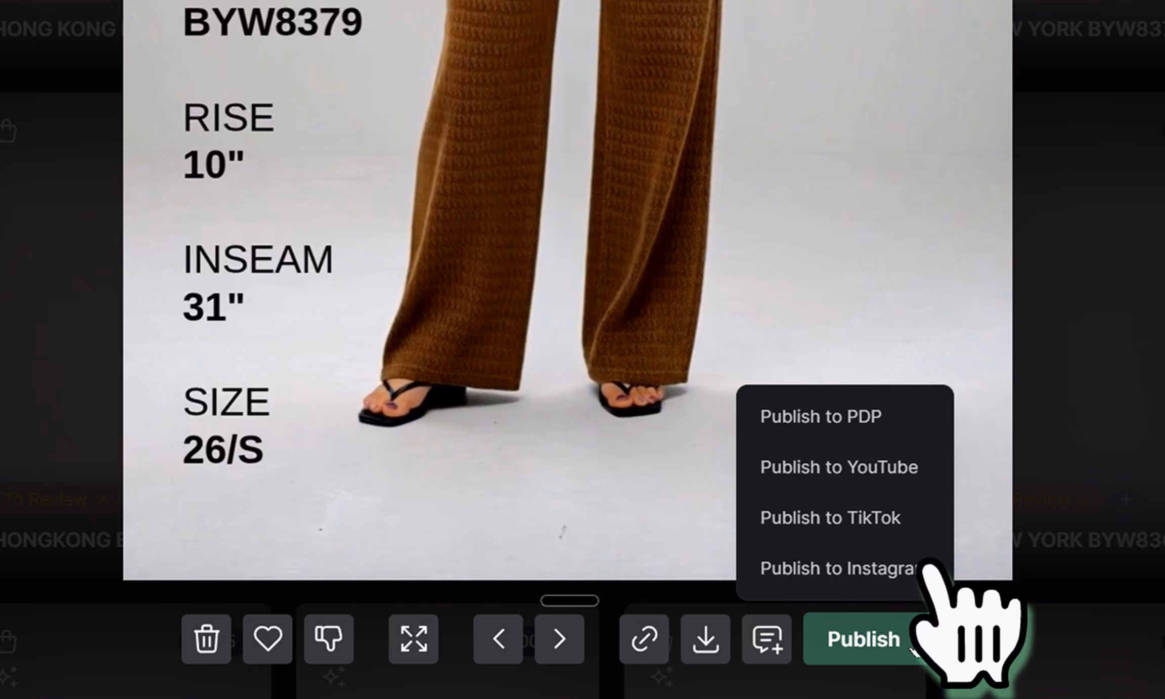 Lower legs wearing brown pants and black sandals with size details and a menu to publish on social media.