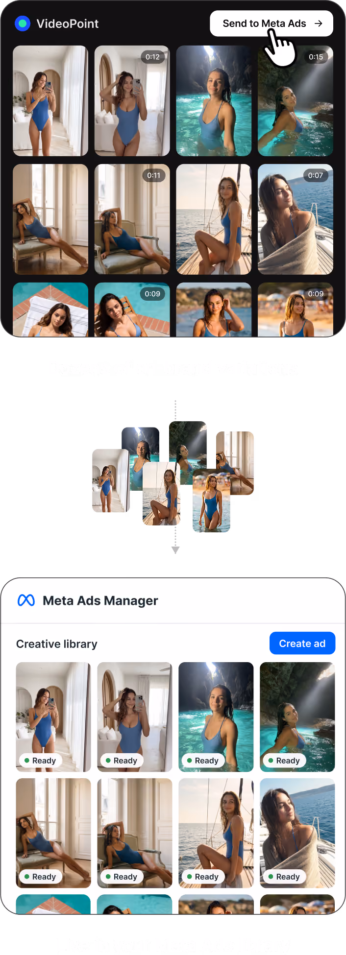 Interface showing multiple images and videos of a woman in a blue swimsuit ready to send to Meta Ads.
