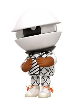 Postava s velkou bílou hlavou připomínající pouzdro, oblečená v kostkovaném obleku a holdingem za sponu kravaty.