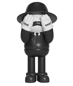 Černobílá postava v klobouku a obleku, která si zakrývá oči rukavicemi s nápisy "VENE" a "RABLE".