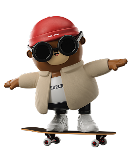 Postava v červené čepici, velkých černých brýlích, béžovém kabátu a bílé tričku na skateboardu se rozpaženýma rukama.