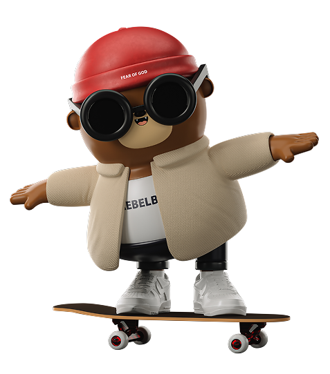 Postavička s červenou čepicí a velkými brýlemi na skateboardu v béžové bundě a bílých teniskách.