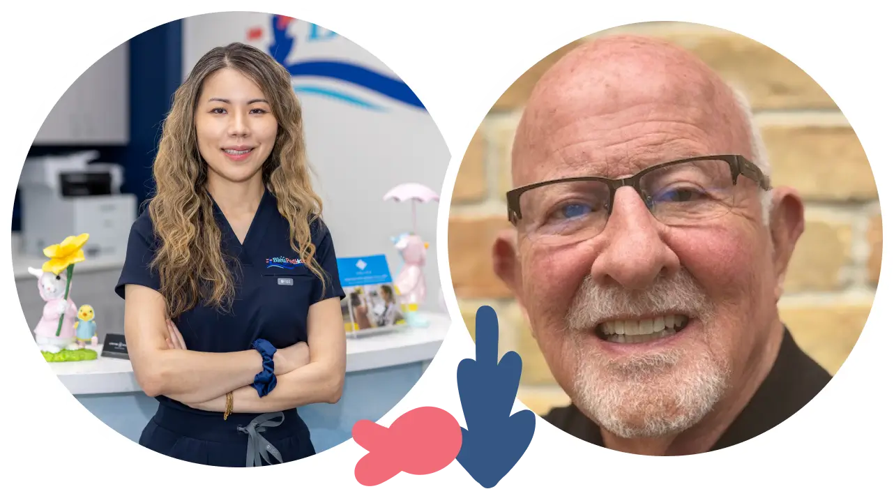 A woman in a white dress and a smiling man pose separately in two circular frames.