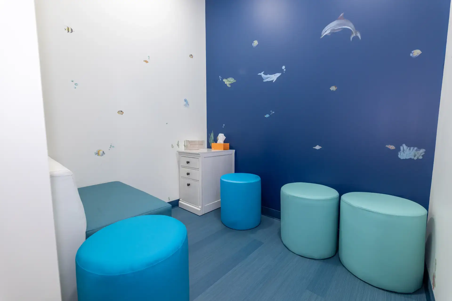 Small seating area with blue and teal cushioned stools, a white cabinet, and walls decorated with underwater sea creatures and dolphins.