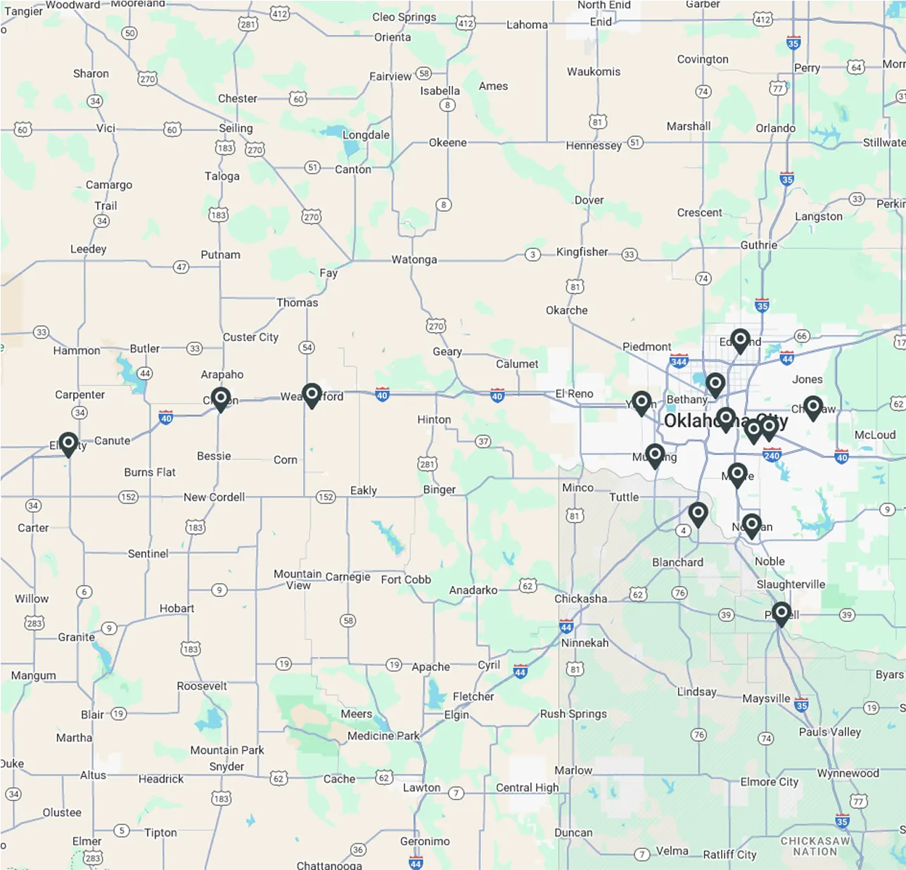 Oklahoma road map with highways, cities, and black location markers