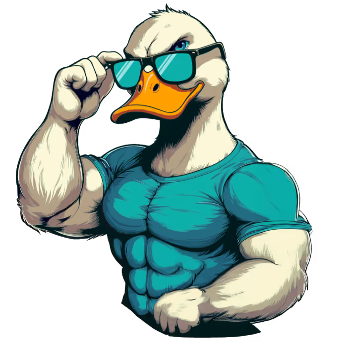 A cartoon illustration of a muscular duck with a cap and sunglasses.